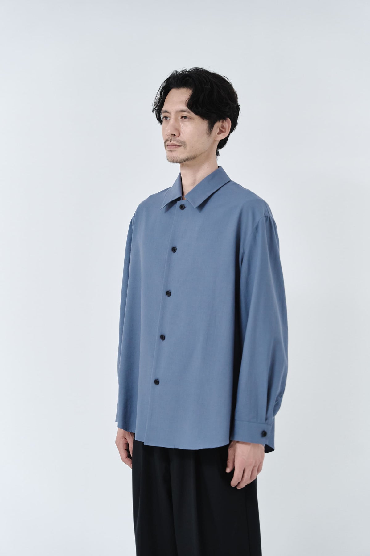 Cotton silk soutien collar shirt_灰青